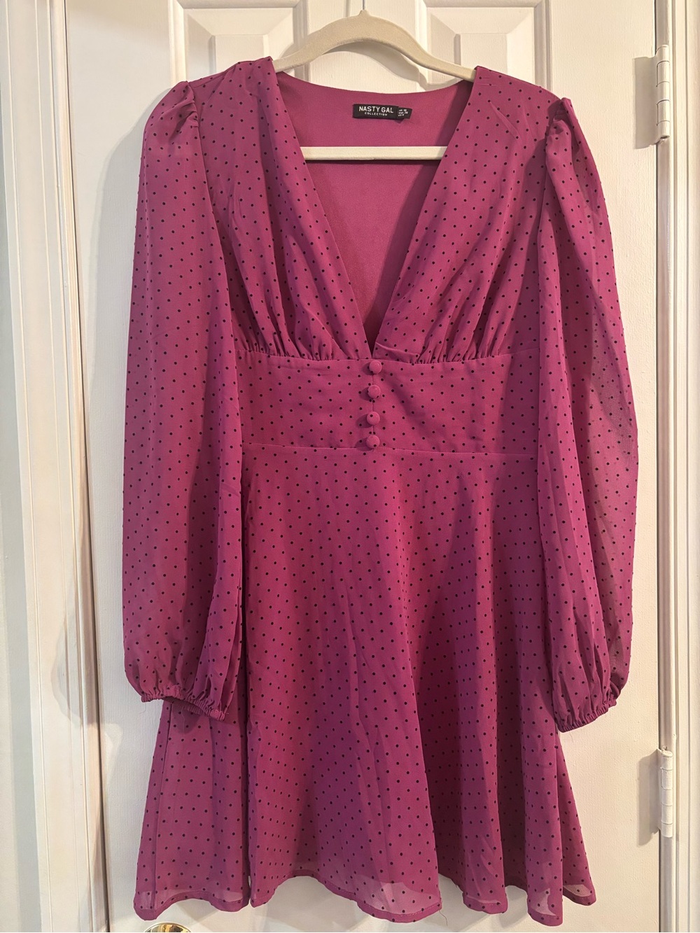 Nasty Gal Magenta Polka Dot V-Neck Long Sleeve Dress